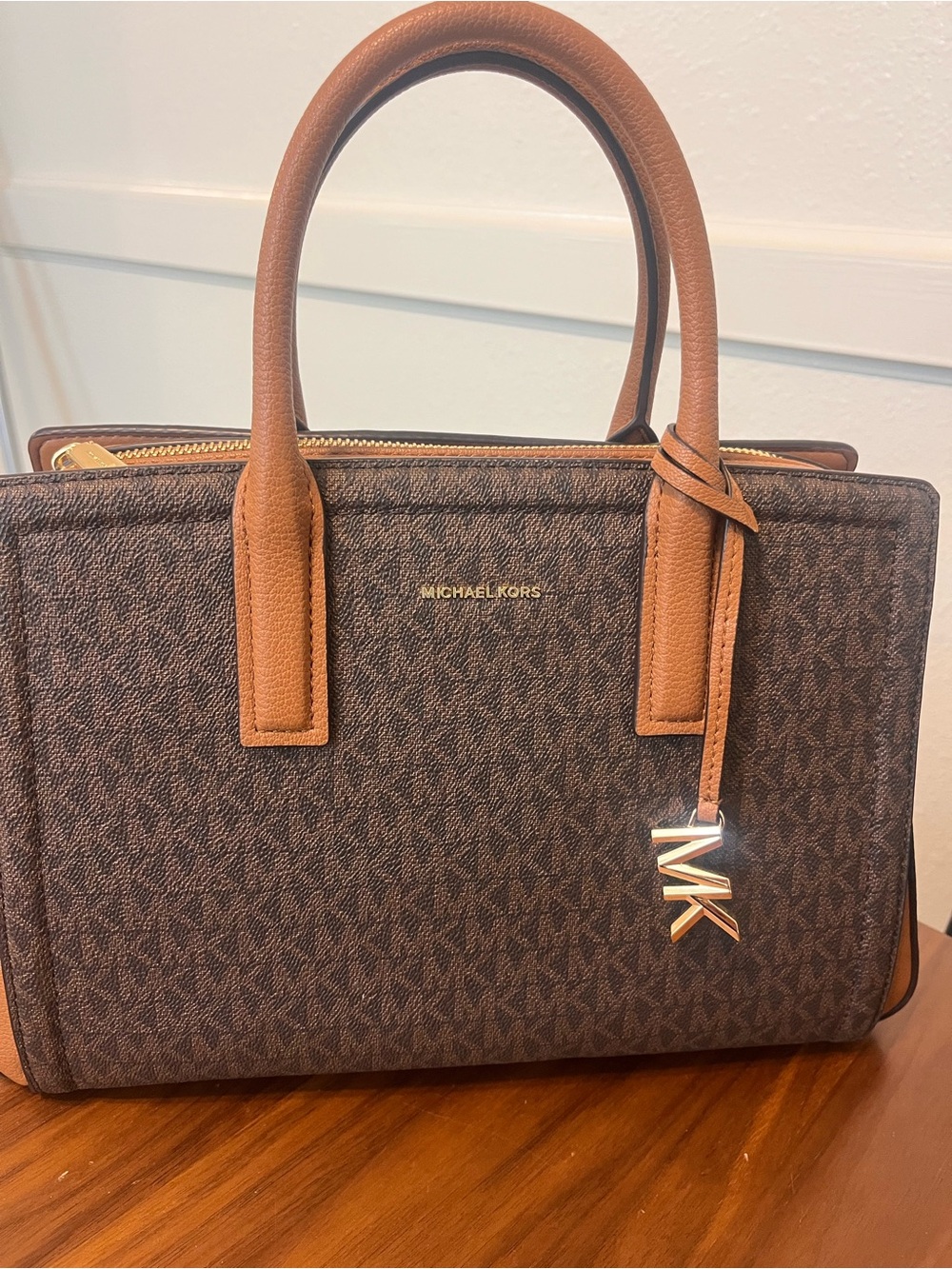 Michael Kors Brown & Tan Signature Satchel with MK Charm